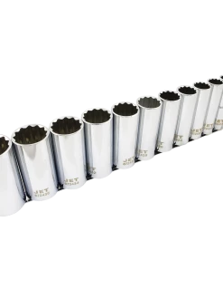 Jet 1/2" Drive SAE Chrome Socket Set - 12 Point - 13 Piece - DEEP Hand Tools