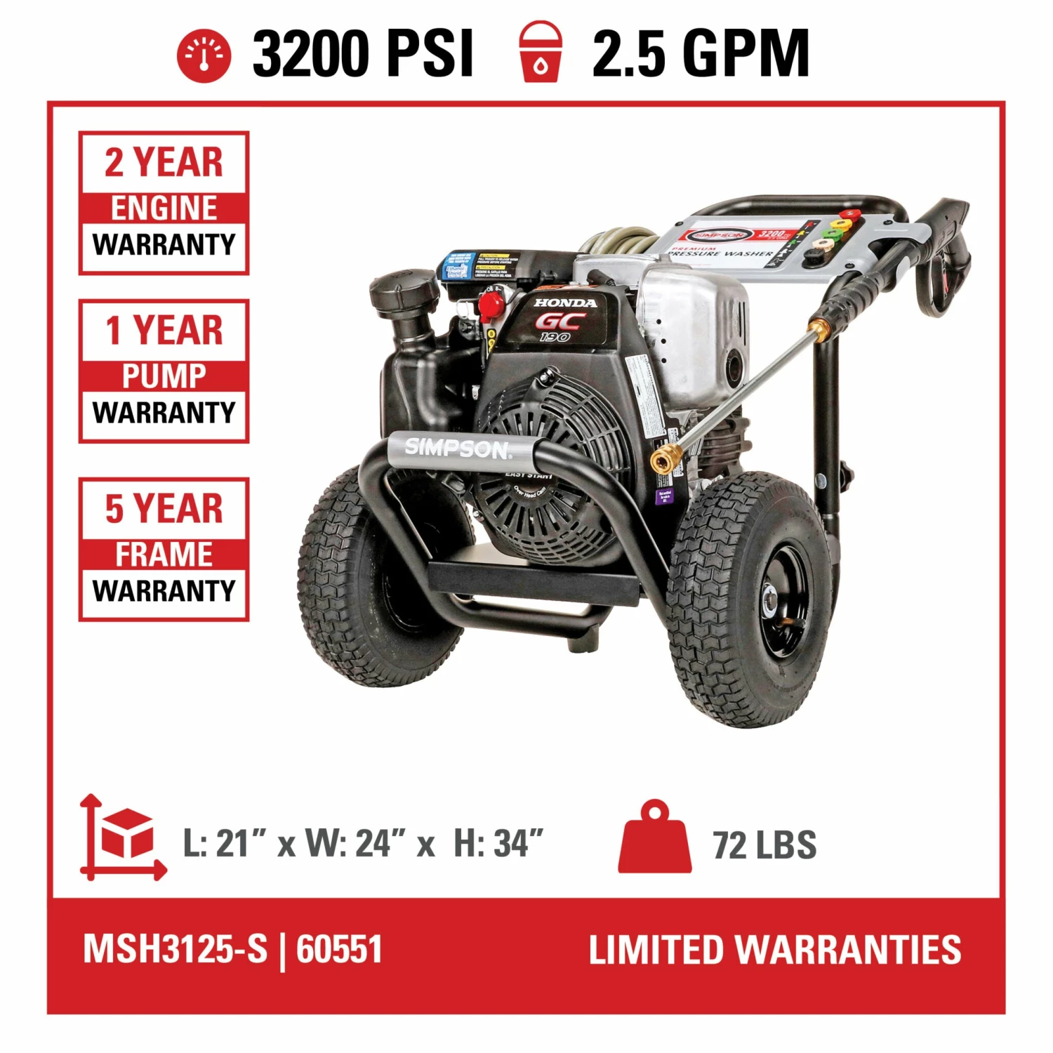 Simpson MegaShot Cold Water Honda GC190 (190cc) Gas Engine Pressure Washer - 3200 PSI - 2.5 GPM Axial Pump 9 Simpson MegaShot Cold Water Honda GC190 (190cc) Gas Engine Pressure Washer - 3200 PSI - 2.5 GPM Axial Pump